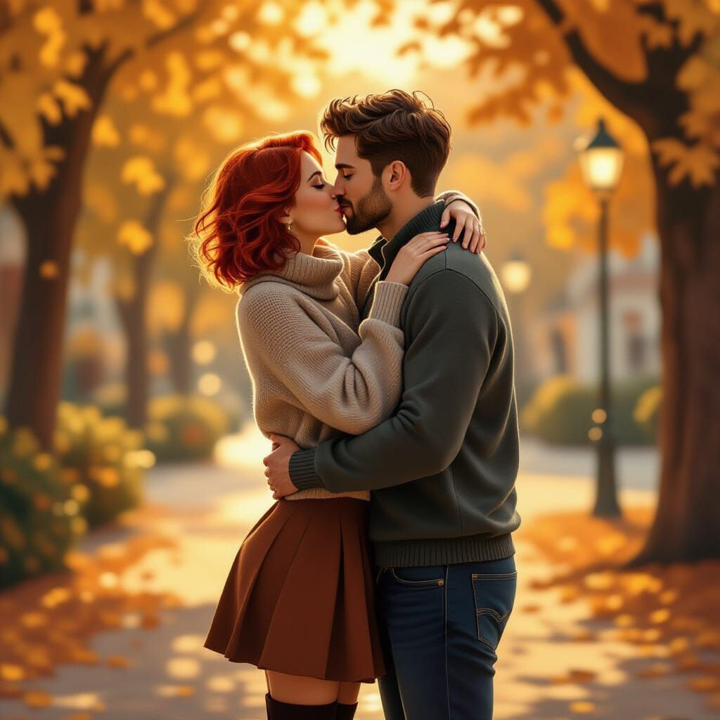 Passionate Embrace: Red-Haired Woman and Man in Golden Hour ...
