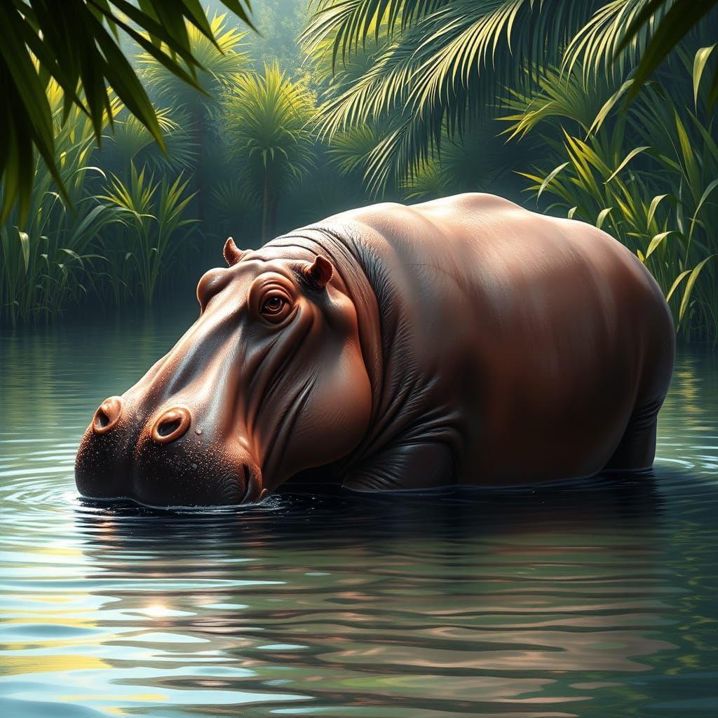 Majestic Hippopotamus in Sun-Dappled River: Hyperrealistic D...