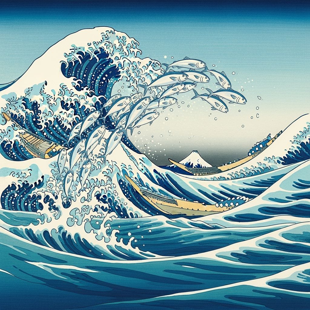 Fish Leaping in Turquoise Water: Ukiyo-e Style