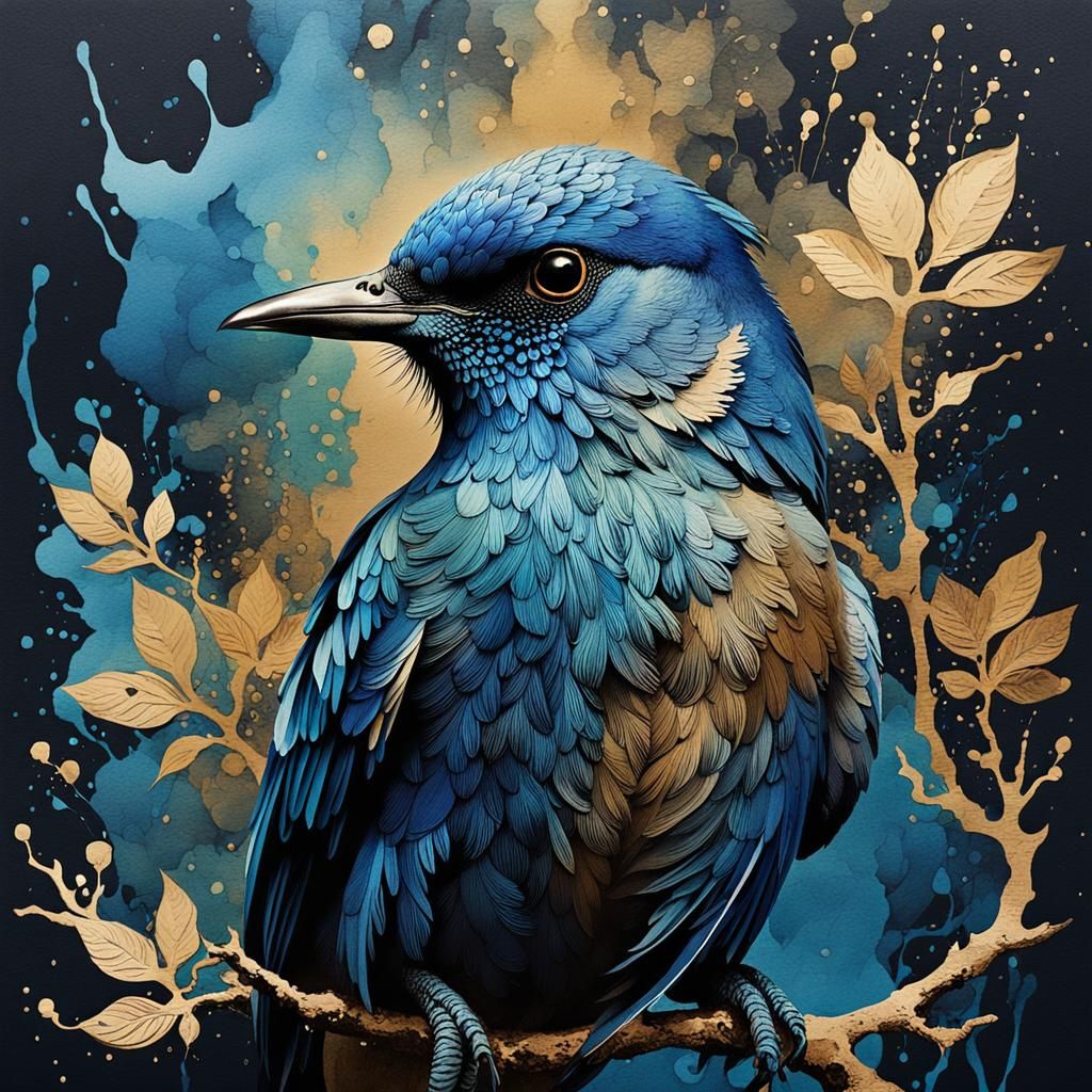Ethereal Blue Bird in Detailed Ink Splatter Art
