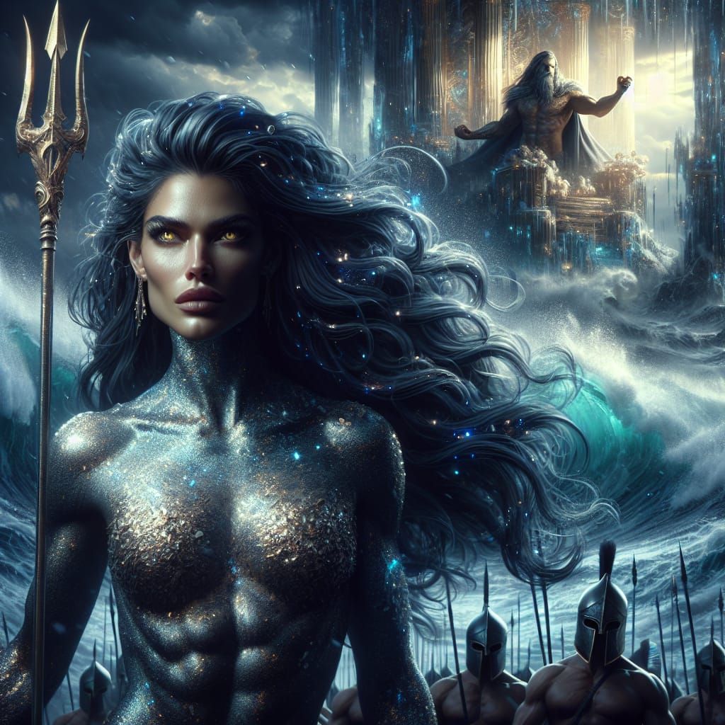 Powerful Warrior Woman with Trident in Digital Painting