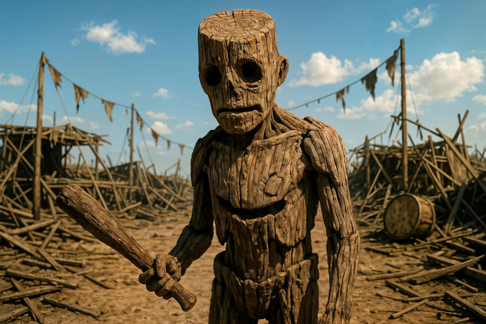 Post-Apocalyptic Wooden Figure in 3D Render