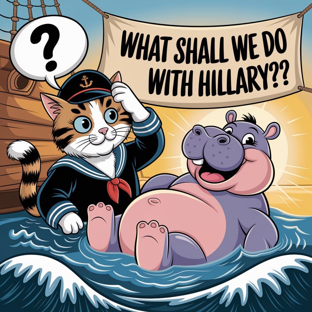 Puzzled Sailor Cat and Floating Hippo in Caricature Style