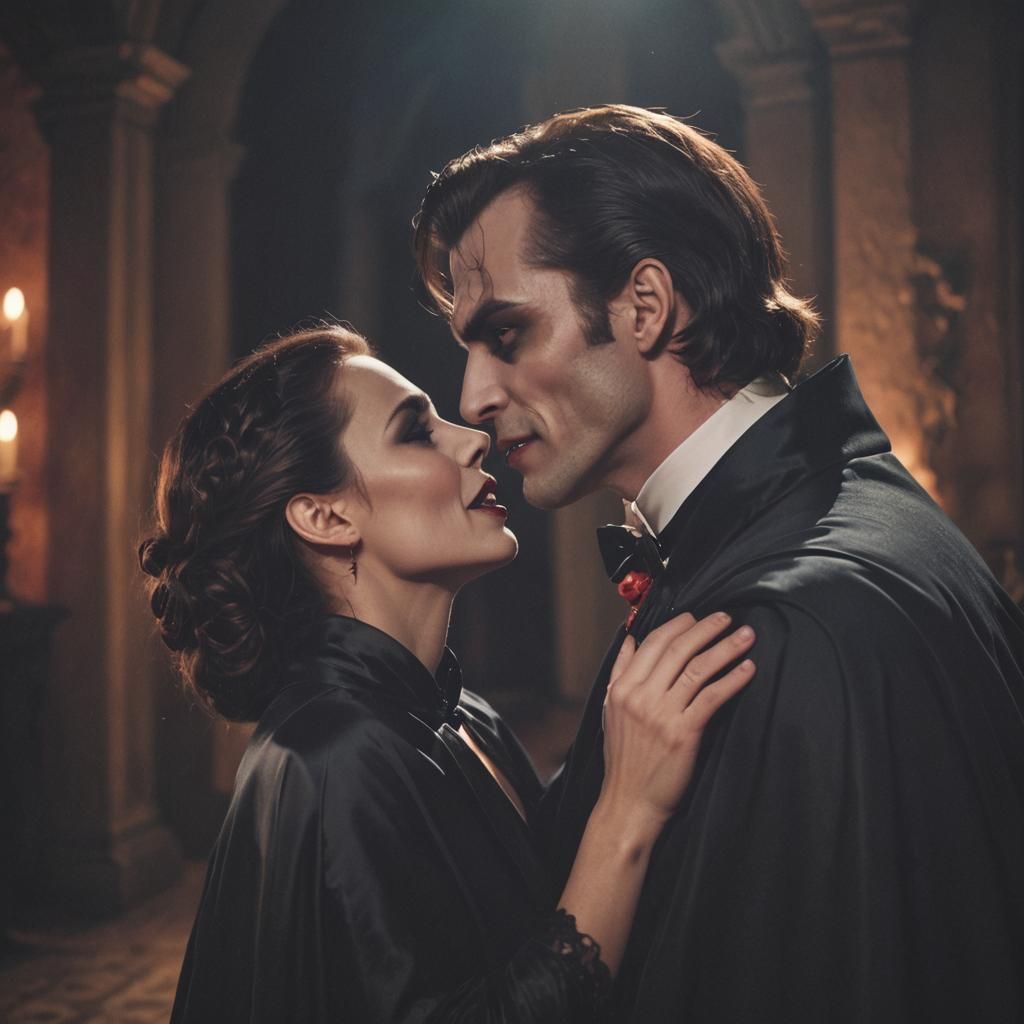 Cinematic Vampire Kiss in Moonlit Castle Bedroom
