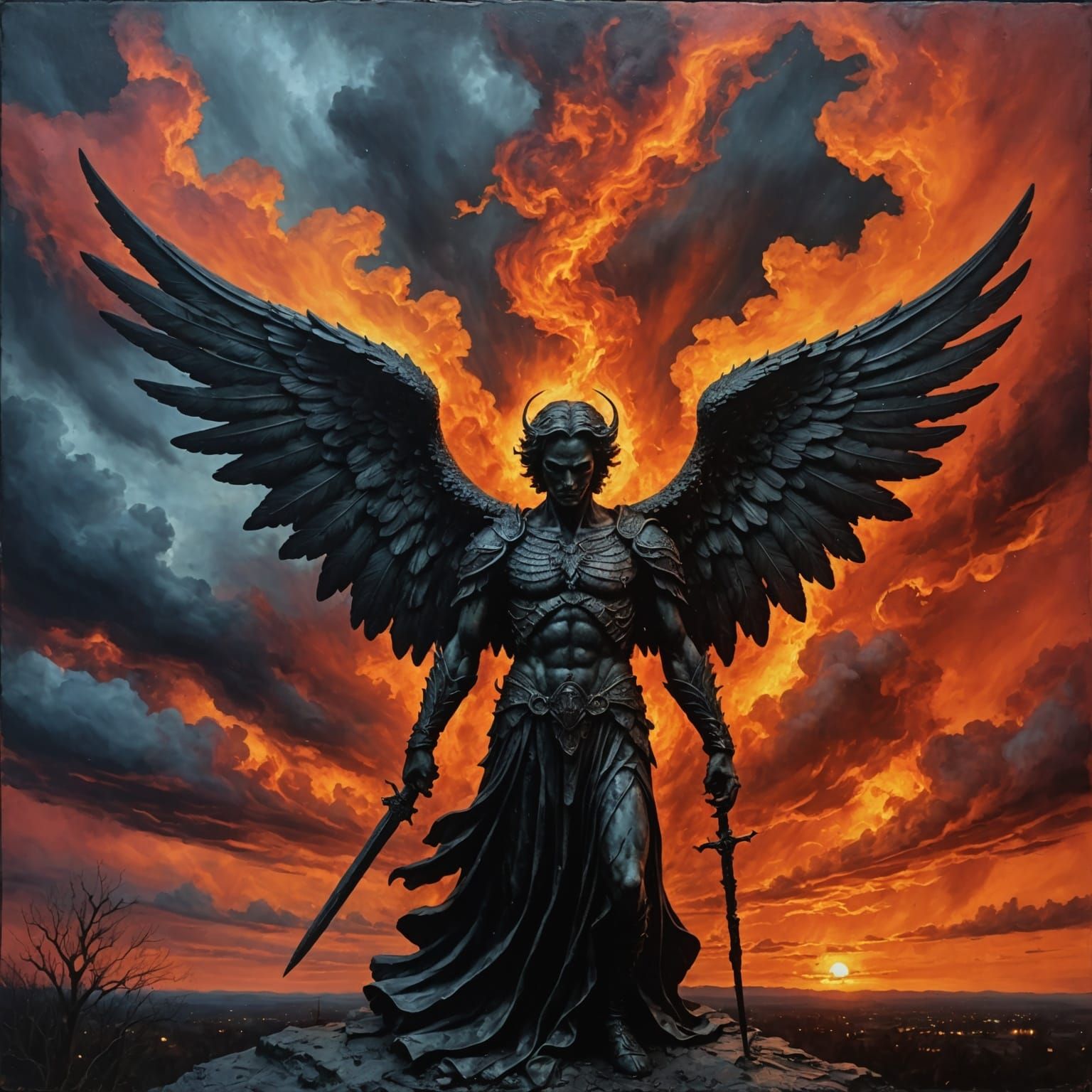 Fallen Angel in Encaustic Style Under Fiery Sky