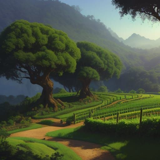 Golden Idyllic Vineyard in Fantasy Landscape