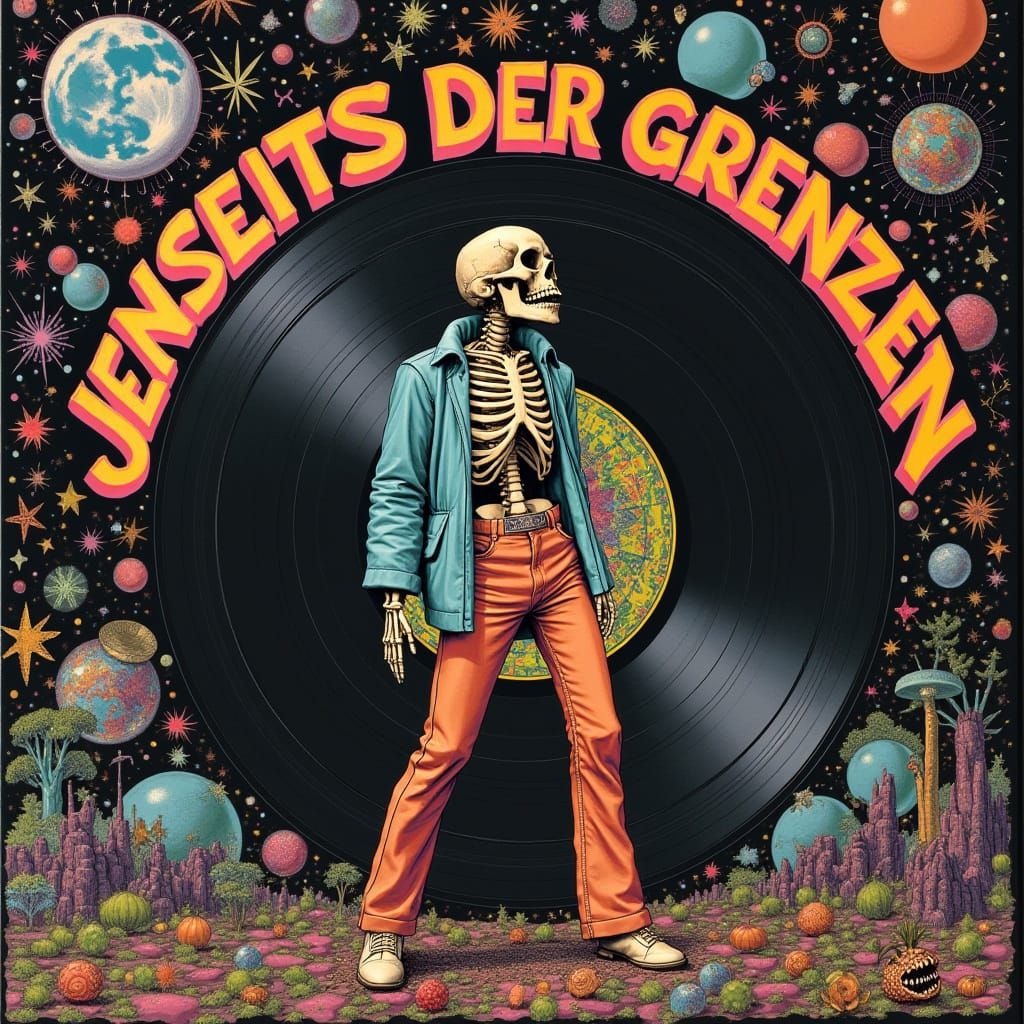Skeleton in 70s Outfit on Psychedelic Album Cover