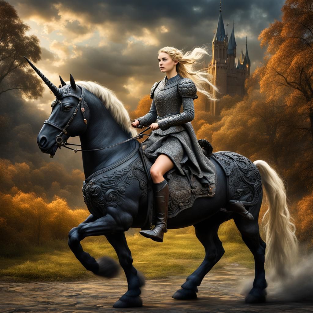 Medieval Girl on Black Unicorn: Hyperdetailed Maximalist Ima...