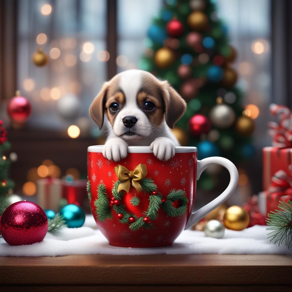 Cute Puppy Portrait in Mug with Christmas Decor