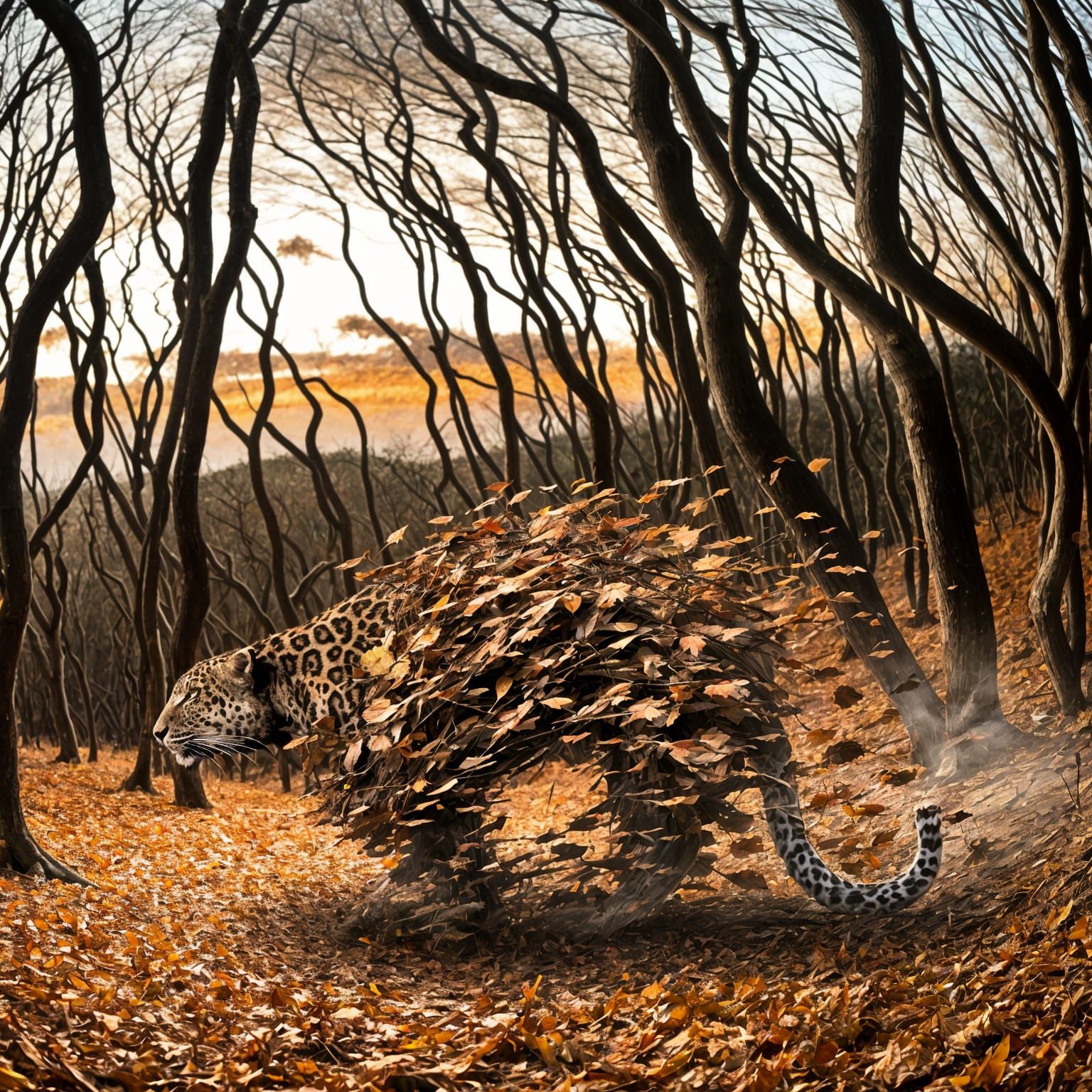 Autumn Leopard Formed by a Whirlwind in a Creepy Forest at S...