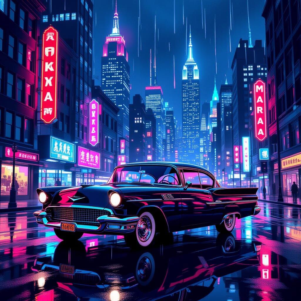 1950s Sedan on Wet City Street at Night