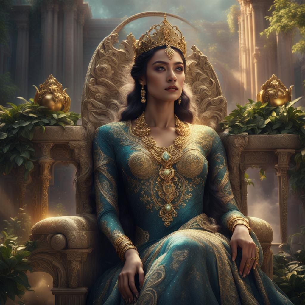 Goddess on Marble Throne in Radiant Pre-Raphaelite Style