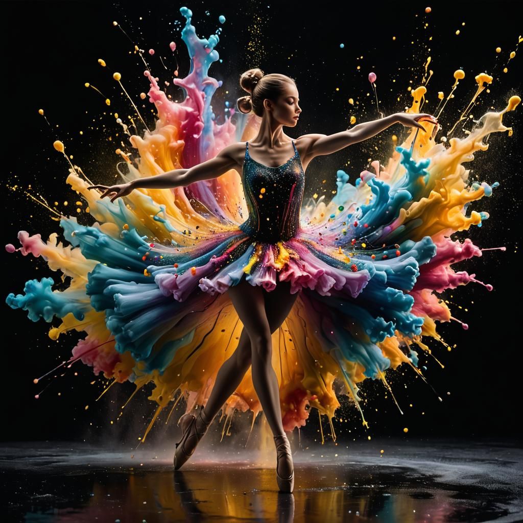 Ballerina in Oil Paint Explosion: Hyperrealistic Splash Art