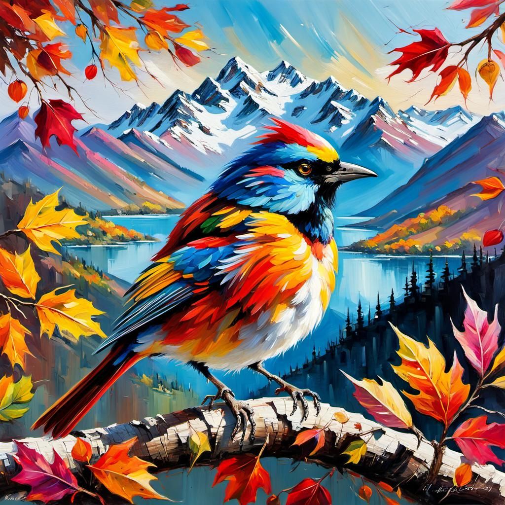 Colorful Bird in Autumn Mountain Landscape Painting