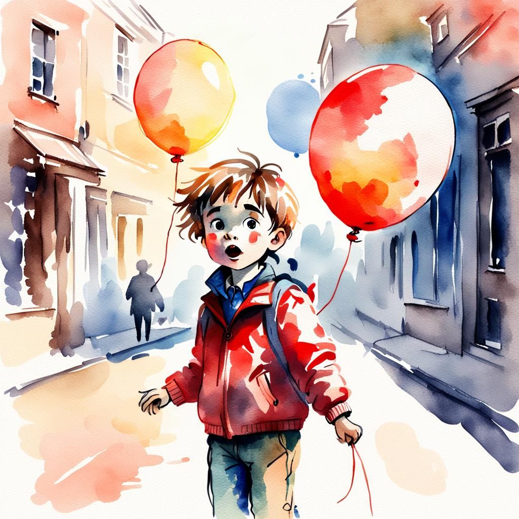Boy's Surprise: Whimsical Watercolor of Burst Balloon