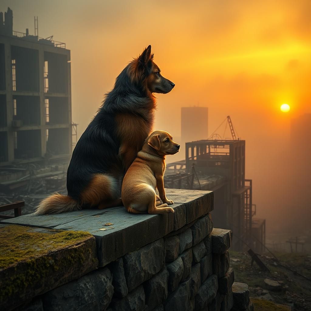 Dogs Guarding Ruined City at Sunset