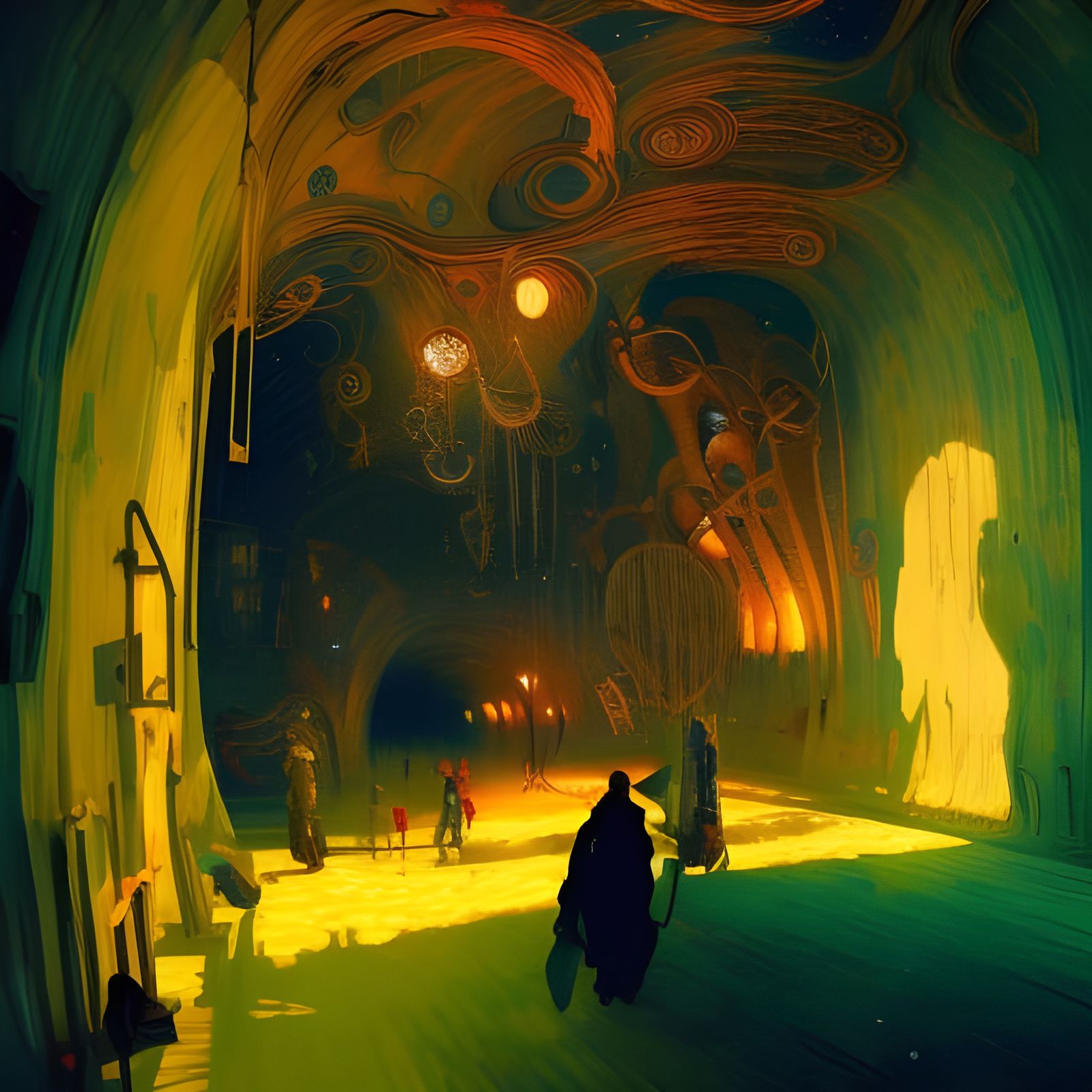 Steampunk Cave of Musical Instruments in Starry Night Style