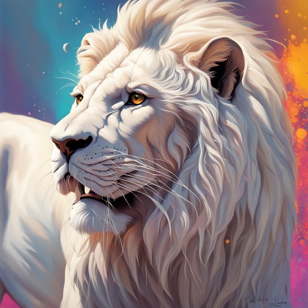 Hyperrealistic White Lion Portrait in Splash Art Style
