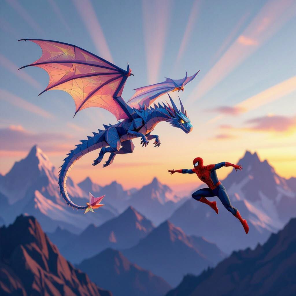 Dragon Chasing Spiderman: Origami Papercraft 3D Art