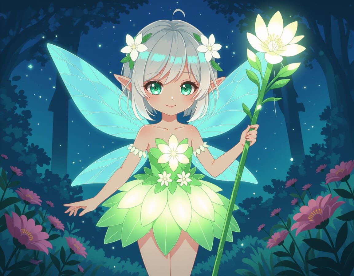 Glowing Pixie Girl in Anime Sci-Fi Style