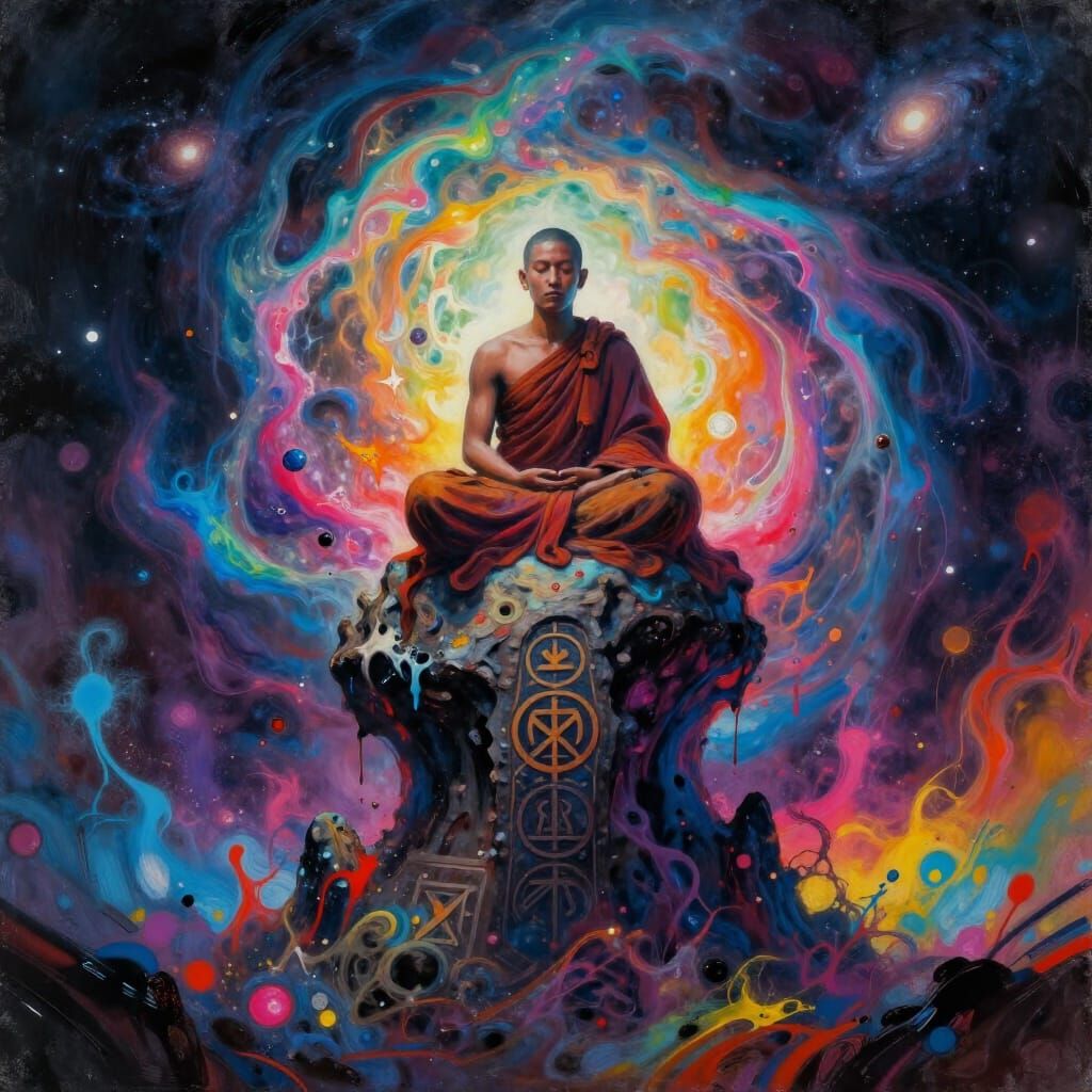 Monk Meditating on Swirling Nebula in Cosmic Fantasy Art