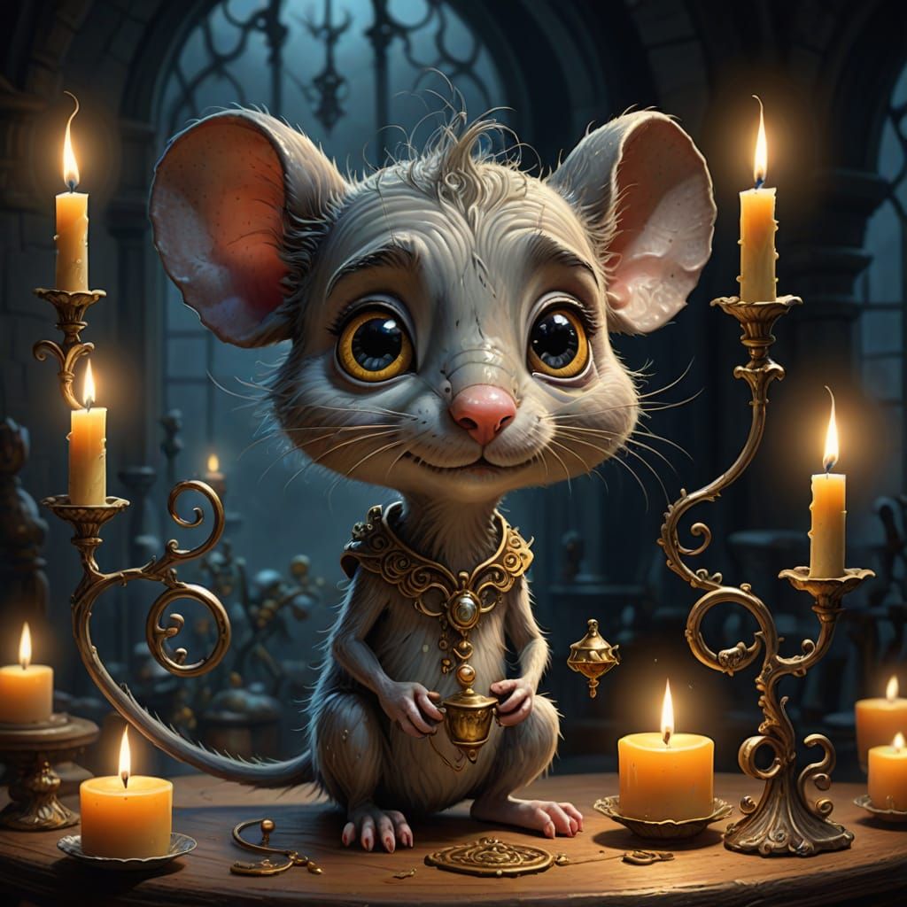 Funny Big-Eyed Mouse with Candle in Fairy Tale World