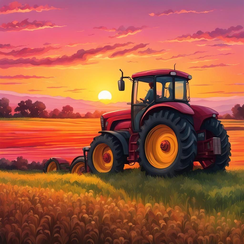 Sunset Tractor on Farm in Hyper-Realistic Style