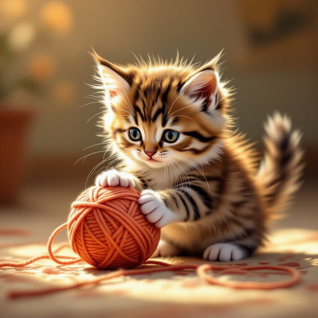 Adorable Kitten Playing with Yarn Ball in Whimsical Style