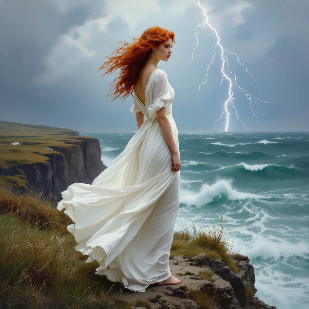 Redhead Woman Overlooking Stormy Sea, Romantic Style