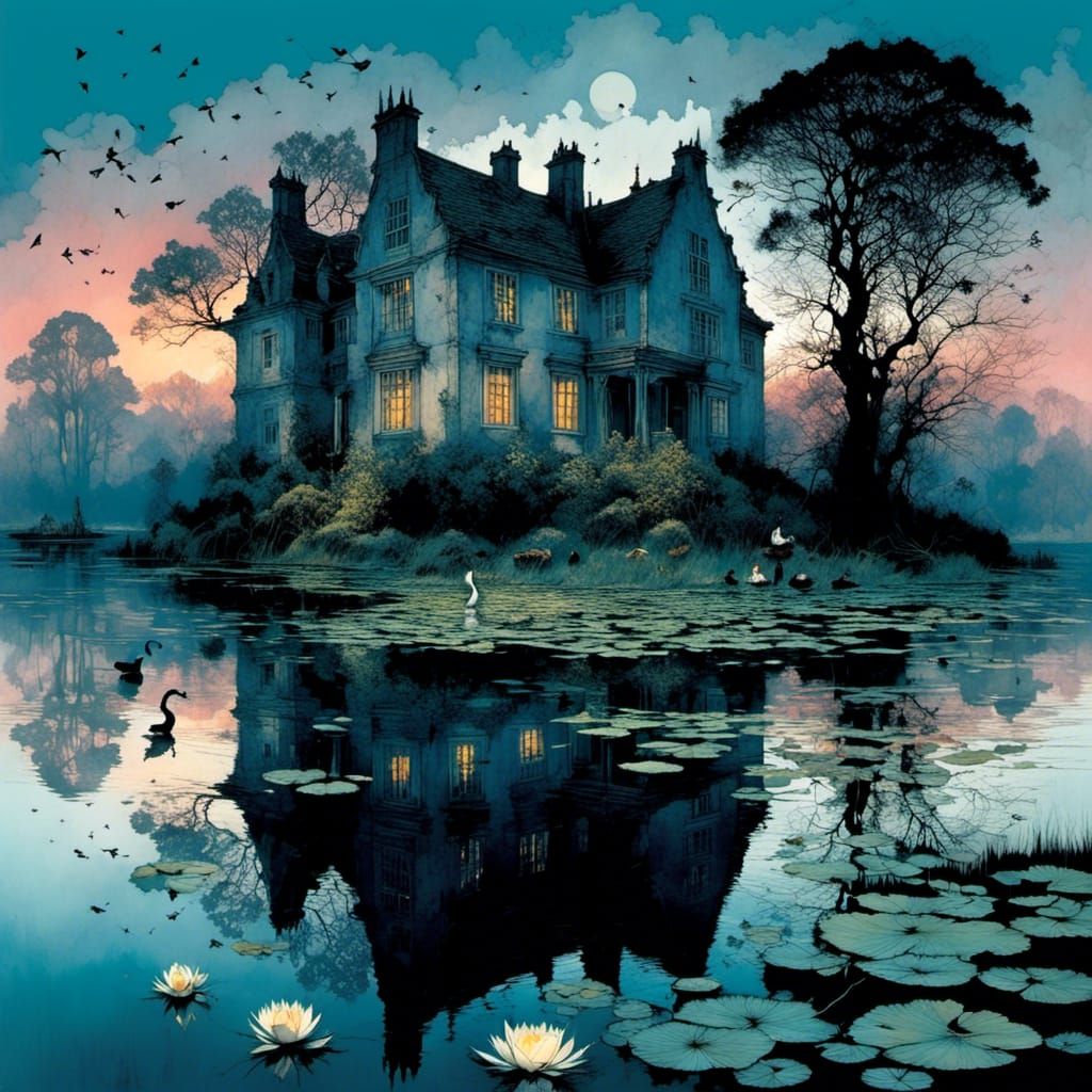 Dusk at Lakeside Manor Ruins: Detailed Illustration