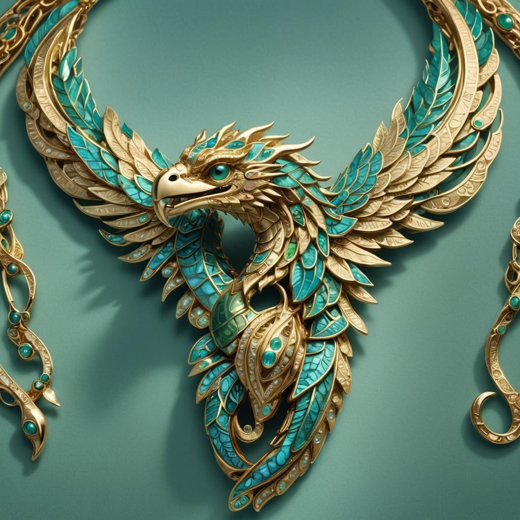 Gold Quetzalcoatl Necklace in Fantasy Style