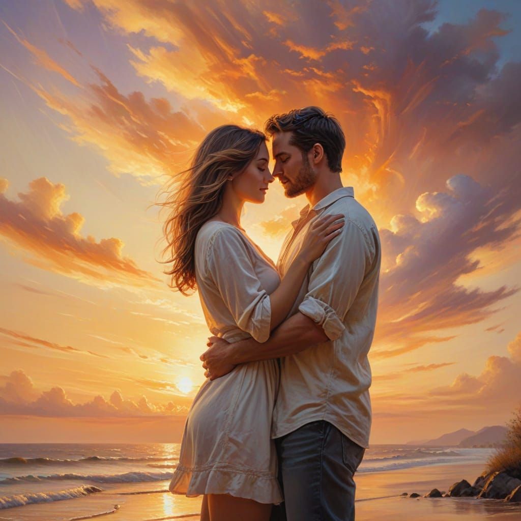 Idyllic Sunset Embrace in Vibrant Oil