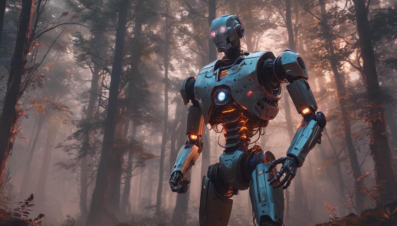 Glowing Robot in Mystical Forest: Digital Art