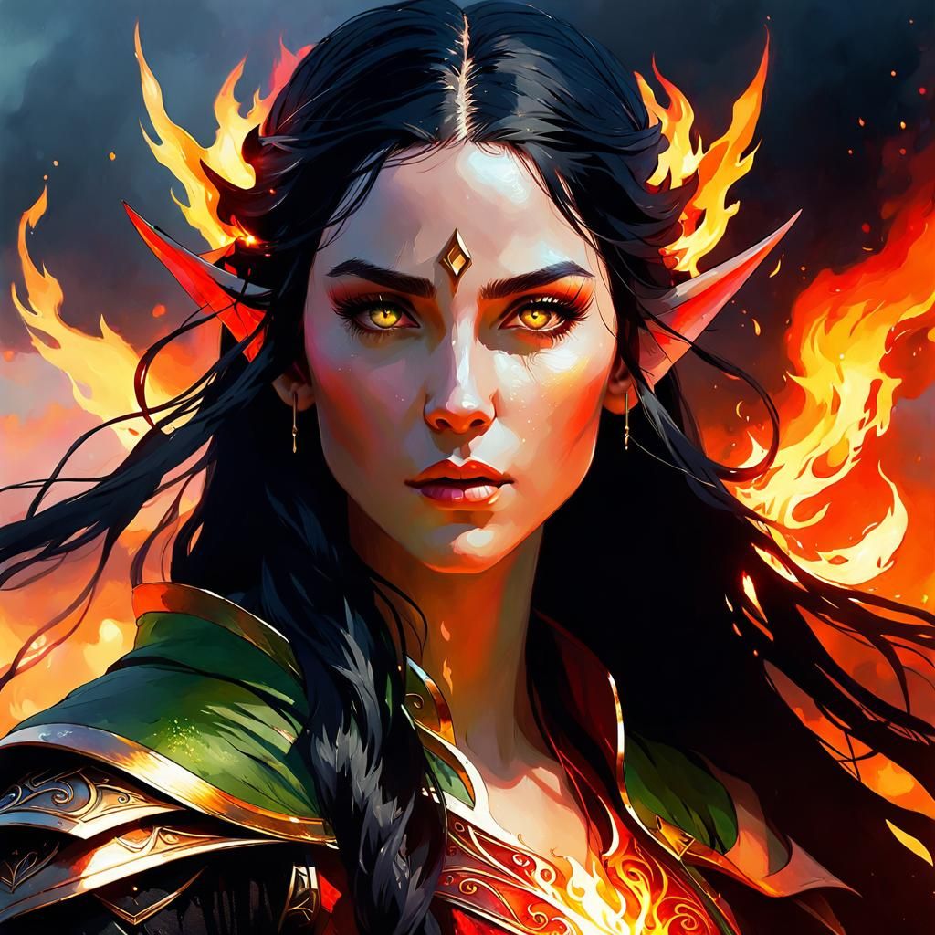 Female Fire Elf Portrait in Art Deco Style