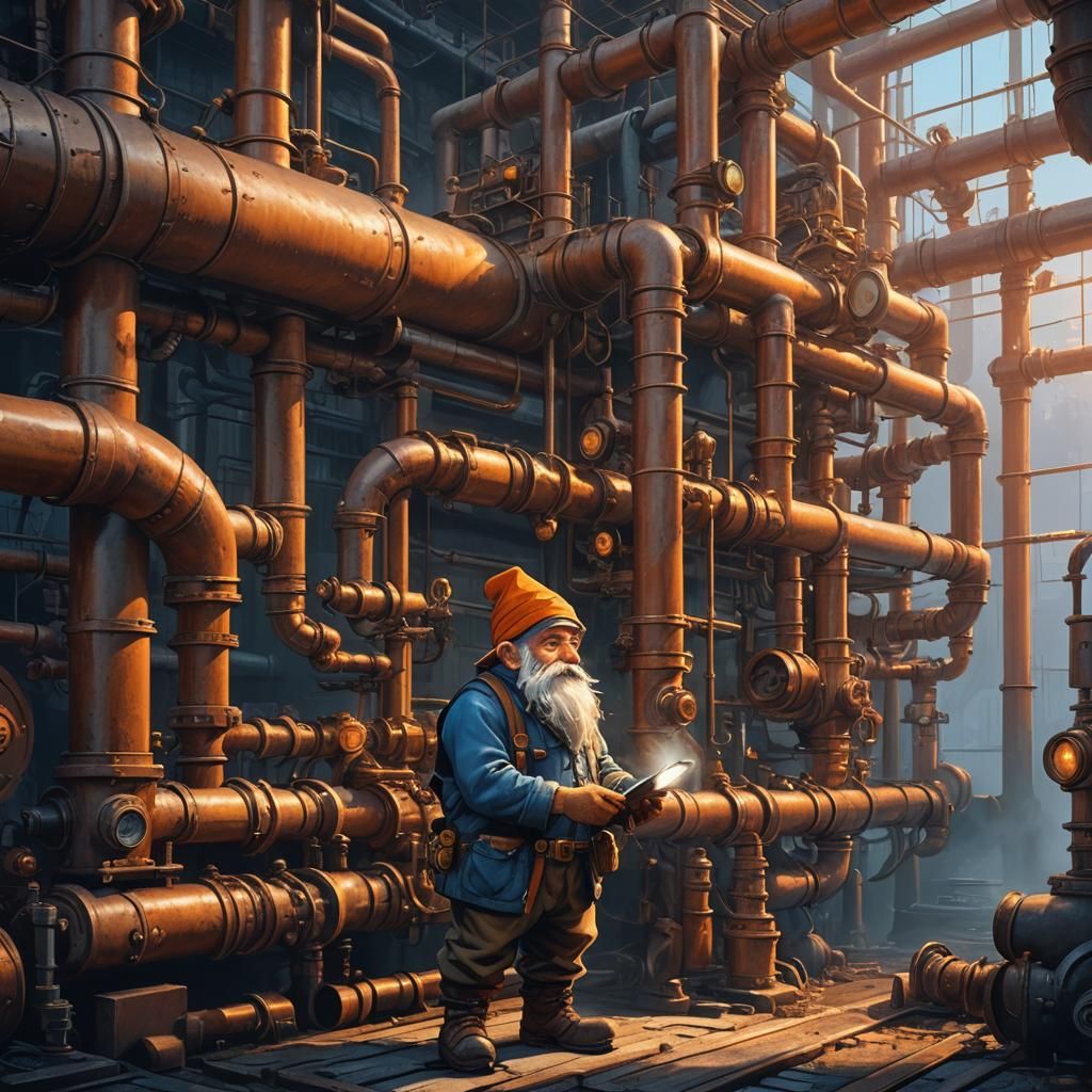 Gnome Technician Inspecting Mystical Steampunk Boiler