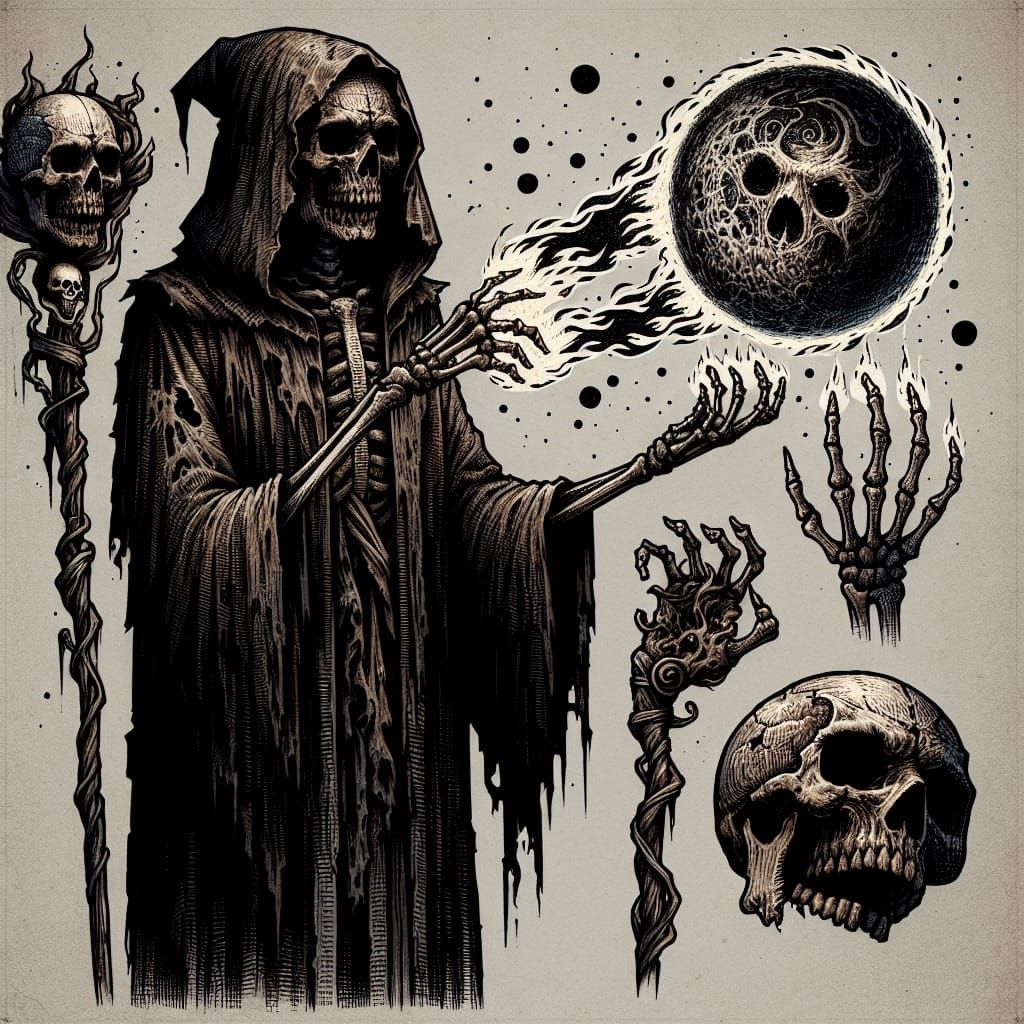 Sinister Skeleton Conjuring Fireball with Dark Magic