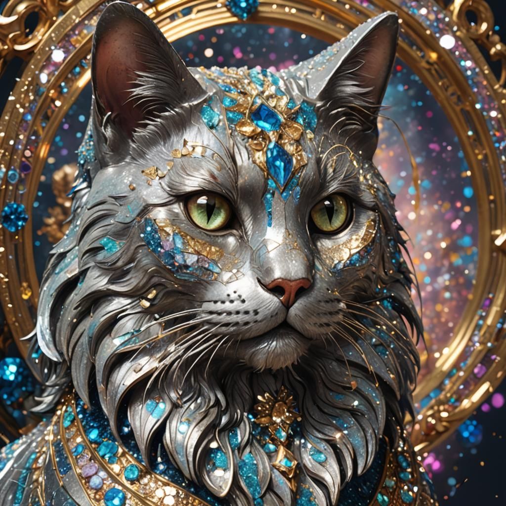 Glitter Fur Cat Statue Portrait in Hyperdetailed Style