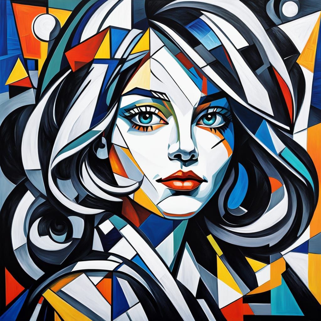 Cubist Woman with Split Hairstyle in Vibrant Colors