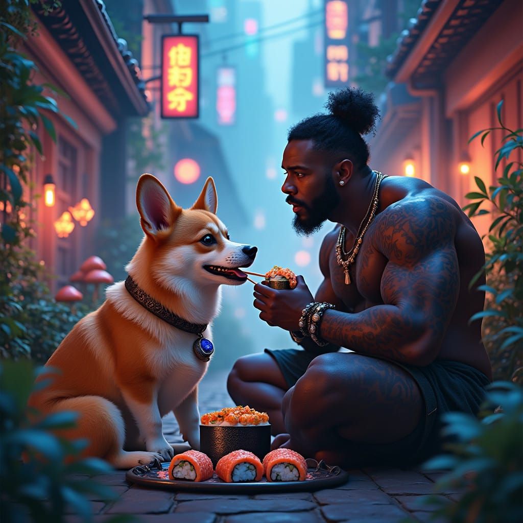 Muscular Black Warrior Devours Sushi with Regal Corgi in Neo...