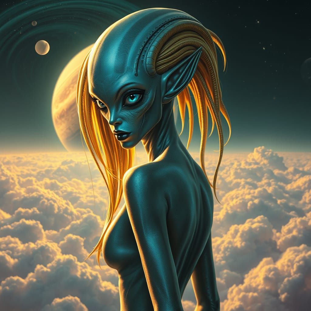 Regal Alien Goddess on Jupiter's Swirling Clouds