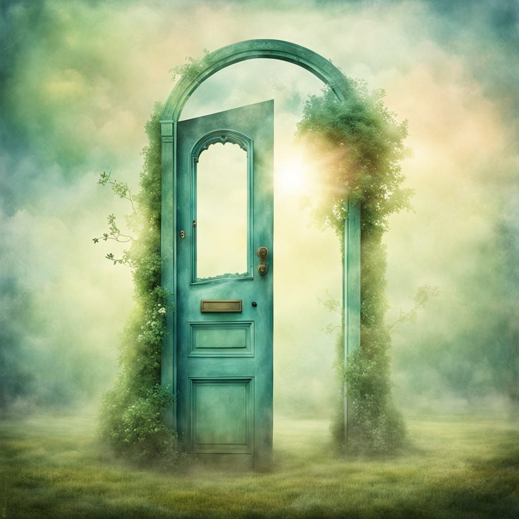 Mysterious Door in Ethereal Watercolor Landscape