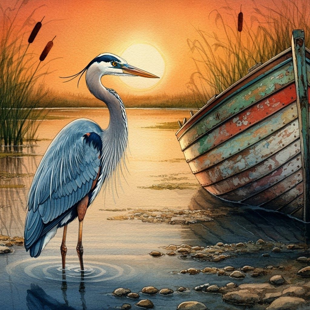 Great Blue Heron and Weathered Boat at Sunset