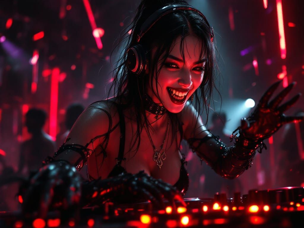 Gothic Vampire DJ in Dramatic Cyberpunk Rave