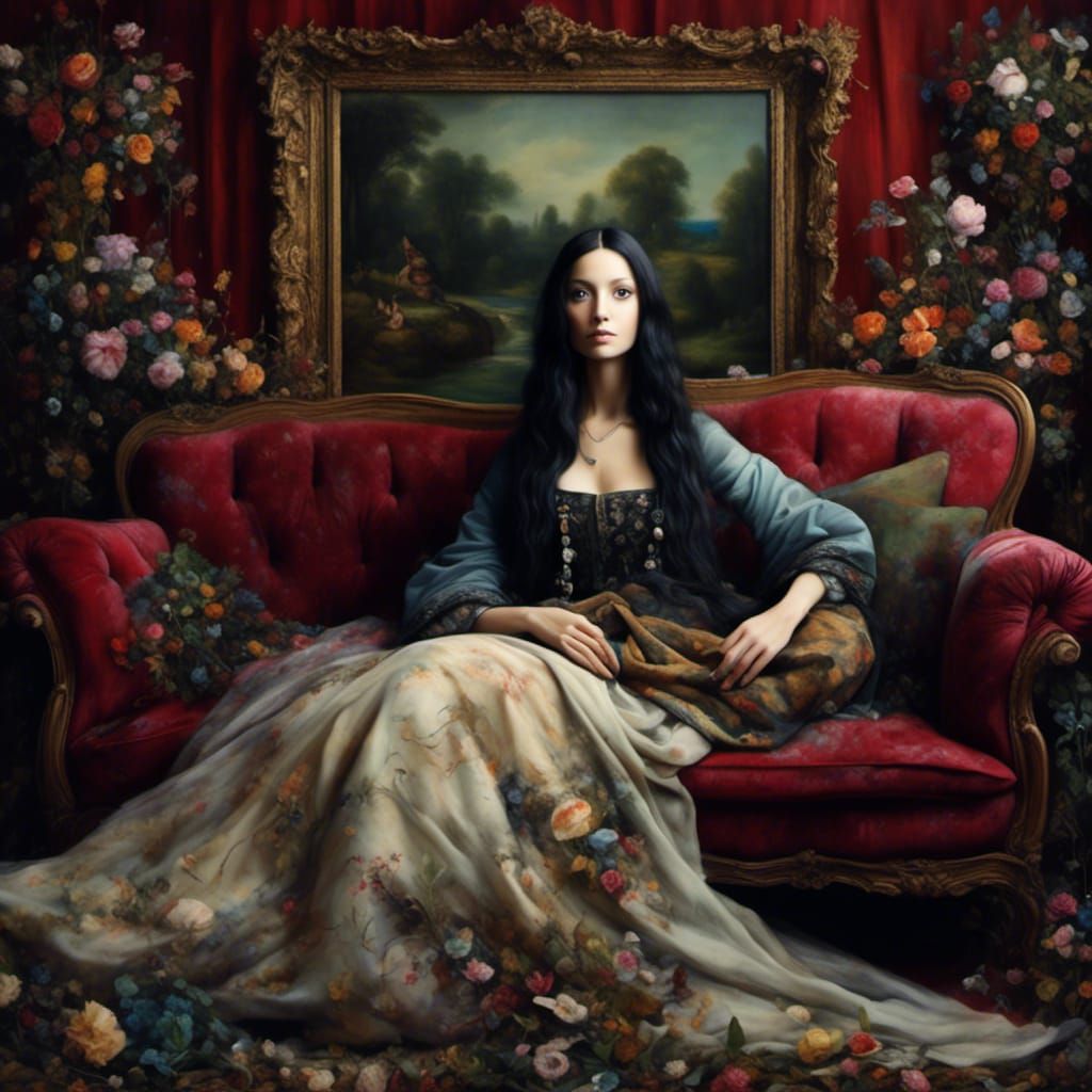 Mona Lisa on Couch in Hyperrealistic Ink Painting