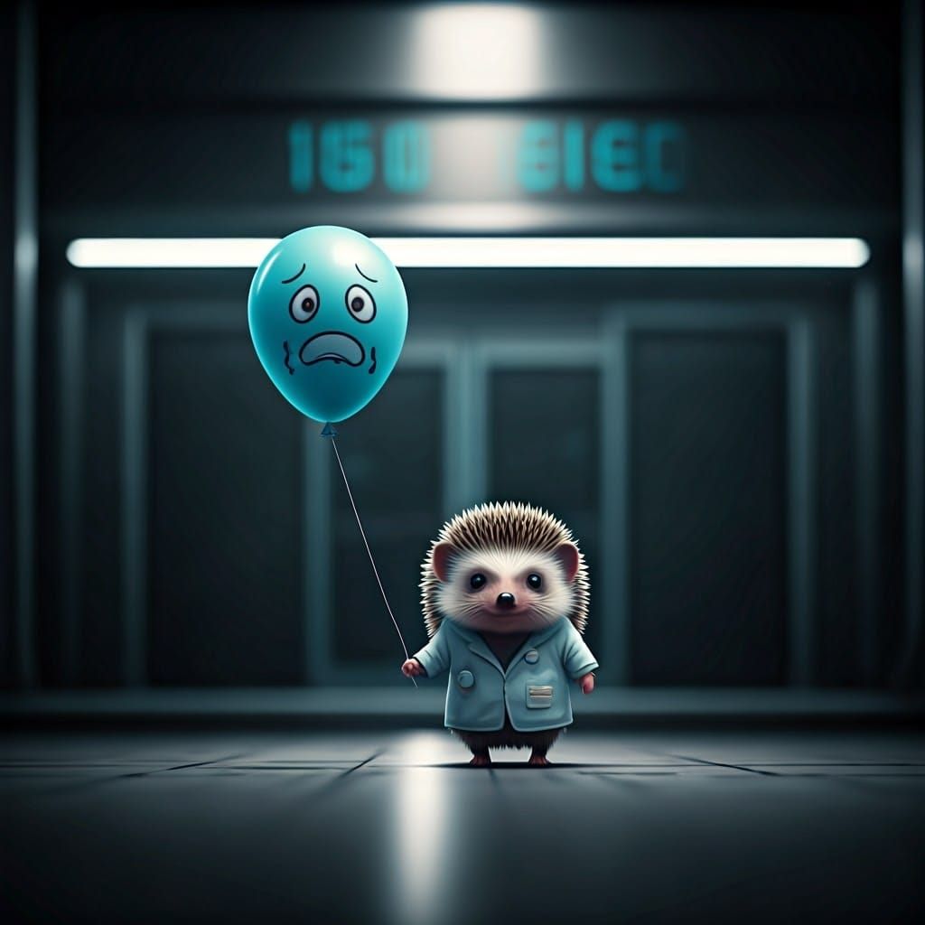 <lora:Kyootness:2.0> A happy hedgehog, holding a scared balloon with a face attached to a string in her hand in front of...