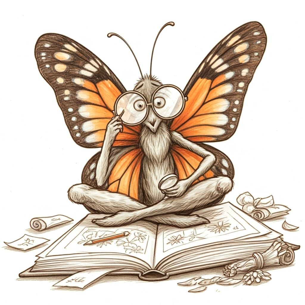 Confused Butterfly Reading a Book: Hand-Drawn Sketch
