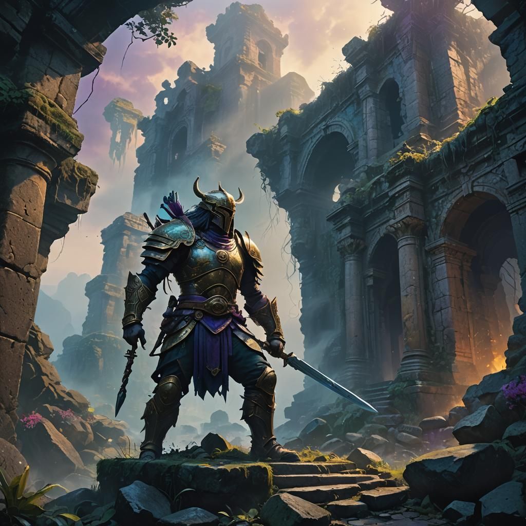 Mystical Warrior in Ancient Ruins: Fantasy Concept Art