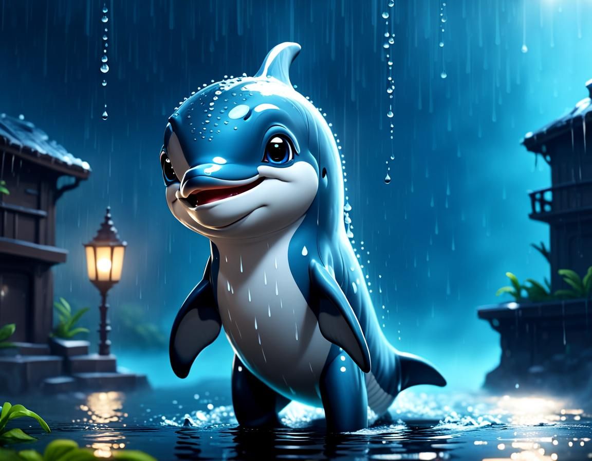 Dreamy Dolphin Gazing at Underwater Rain