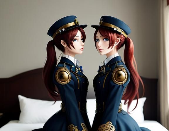 Steampunk Anime Twins Kissing in Bedroom