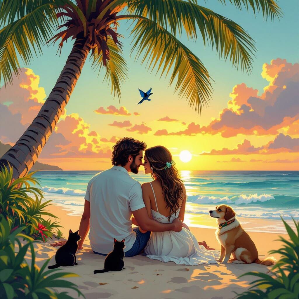Lovers on Beach at Sunset with Animals in Vibrant Jungle Gre...